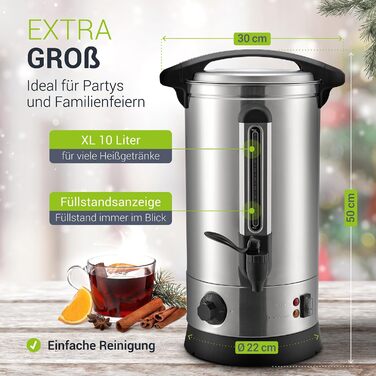 Juskys Glühwein Warmer Teramo 10 Liter 1500W with Tap, Thermostat & Overheating Protection, 30-110°C, Stainless Steel, Electric, Hot Beverage Dispenser