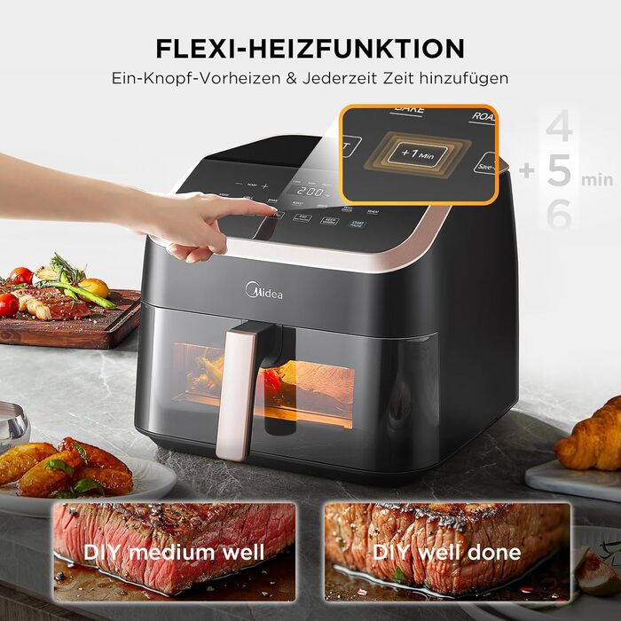 Аерофритюрниця Midea XXL 9 л, 8-в-1, без олії, до 200°C, для грилю, випічки, смаження, дегідрації, розігріву, підтримки тепла, з рецептурником, підходить для посудомийки