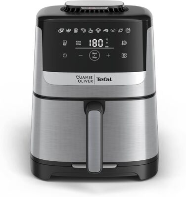 Аерофритюрниця Jamie Oliver by Tefal Easy Fry Silence Deluxe EY55JDE0, тиха, 5 л, 10 програм, цифровий сенсорний дисплей, з решіткою та кришкою, чорний/нержавіюча сталь