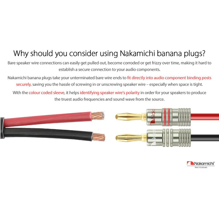 Бананові роз'єми Nakamichi Ultimate Series 24K позолочені берилієво-мідні конектори для акустичних кабелів 12-18 AWG, 4 мм, для HiFi колонок та підсилювачів, 10 шт (5 пар)