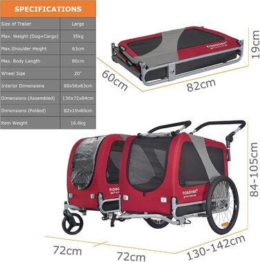 DOGGYHUT® Преміум великий велосипедний причіп для собак 2 в 1 / візок-бігунок для собак / великий причіп для собак, 270 л, до 35 кг (червоний / чорний)