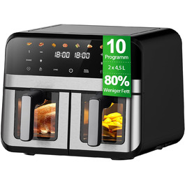 Фритюрниця повітряна Jacgood з 2 кошиками, 1800W, 9L, цифрове керування, 8 меню, з прозорим вікном