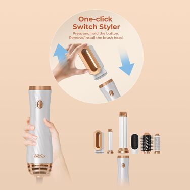 UKLISS 6-в-1 Стайлер для волосся з феном Pro, Набір для укладання волосся: плойка, випрямляч, фен, щітка для укладання, автоматична завивка, іонізація, Airbrush, подарунковий набір для жінок, блакитний (золотий)