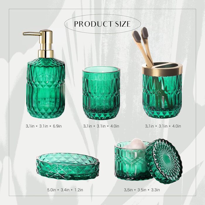 EMPO 6-Piece Bathroom Accessories Set in Clear Glass (Lotion-Soap Dispenser, Soap Dish, Toothbrush Holder, Cup, Cotton Swab Holder), Modern Decoration, Crystal-Vintage Gift (Oceanente) (6 Pcs Vintage Jade)
