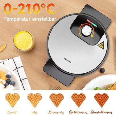 Вафельниця Aigostar для 5 вафель у формі серця, 1000W, антипригарні пластини 19 см, регулювання температури, LED-дисплей, Cool-Touch ручка, компактний дизайн з нержавіючої сталі, без BPA та PFOA