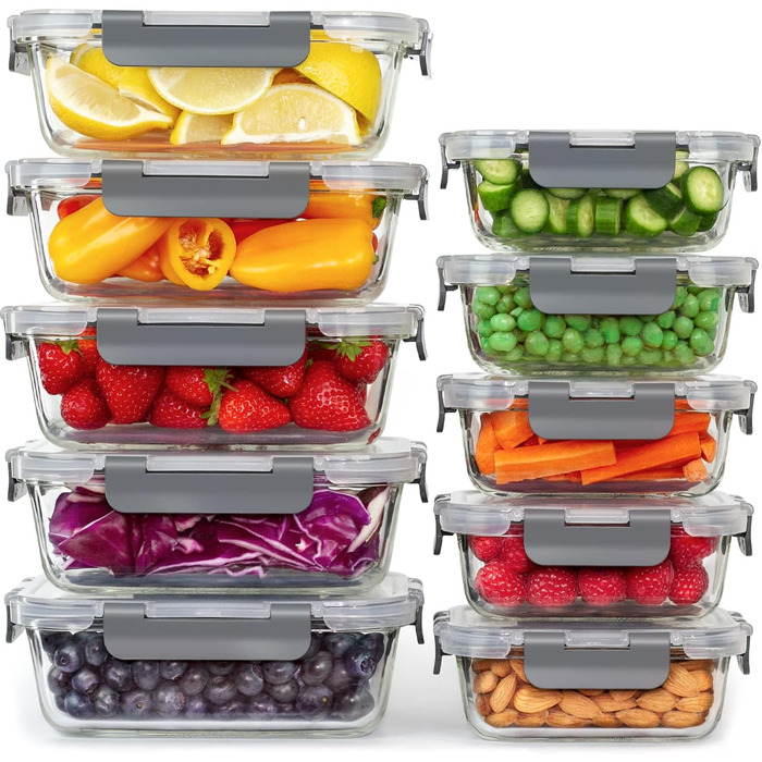 Glass Storage Box for Food - [Pack of 10] Lunchboxes for Healthy Meals with Airtight Lids - Airtight Storage Containers, Lunch Boxes BPA-free, Leak-proof (10 Lids & 10 Containers)