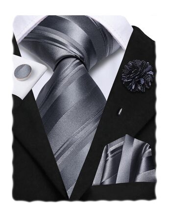 Комплект краваток для чоловіків Hi-Tie: краватка, нагрудна хустинка, кравецькі шпильки, запонки, формальний шовк, для весілля та свят (смугастий темно-сірий)