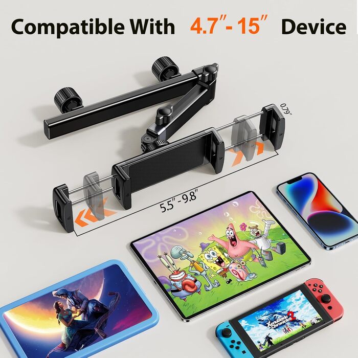 Тримач для планшета в авто, [алюмінієвий довгий кріплення] Тримач для планшету на підголівник авто, [надійно фіксується] Тримач для iPad в авто, чорний, H2