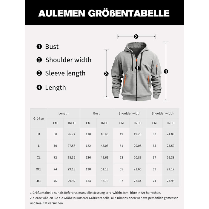 Світшот з капюшоном Aulemen для чоловіків з блискавкою, лангрукав, slim fit, декілька кишень, для повсякденного носіння та спорту, сірий, 3XL