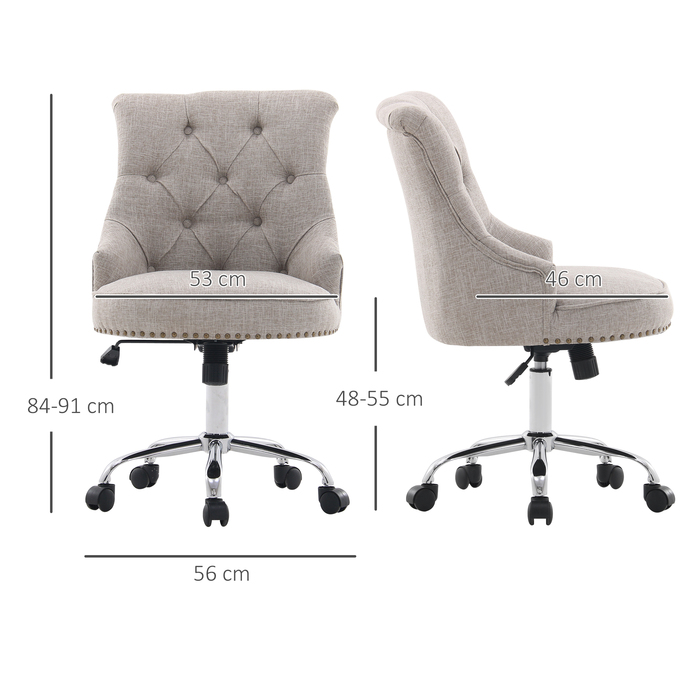 HOMCOM Swivel Upholstered Chair Ergonomic Office Chair Height Adjustable Retro Design Up to 150 kg Linen Light Grey 54x65.5x84-91 cm