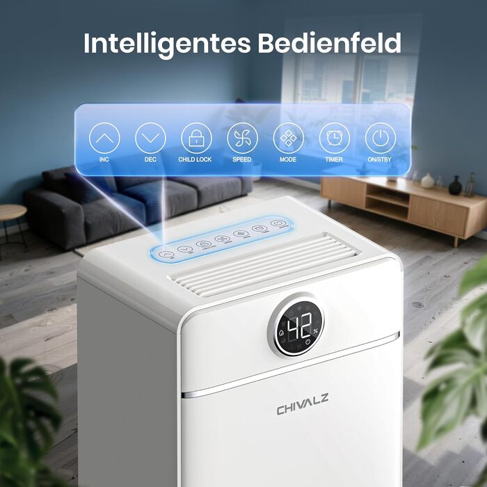 Електричний осушувач повітря CHIVALZ для автомобіля та приміщень до 30 м²/120 м³, 3 режими роботи, таймер 24 год, автоматичне розморожування, енергозбереження, білий
