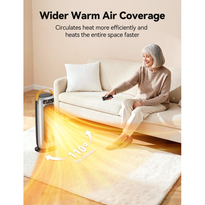 Електричний обігрівач PTC керамічний 1500W з пультом, 4 режими, осциляція 110°, таймер 1-10 год, захист від перегріву та перекидання. Компактний обігрівач для дому (сріблястий)