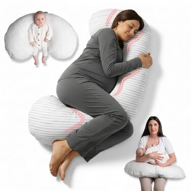 Подушка для вагітних BellaMoon 3-в-1 – підтримка всього тіла, C-подібна форма, для сну, годування та як ліжко для малюка, знімний бавовняний чохол (Waterleaves)