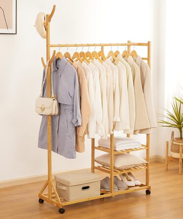 Yorbay Bamboo Clothes Rack with Wheels, with Clothes Rail, 3 Shelves and 6 Hooks, Tree Shape, 100 x 38 x 176 cm (Natural)