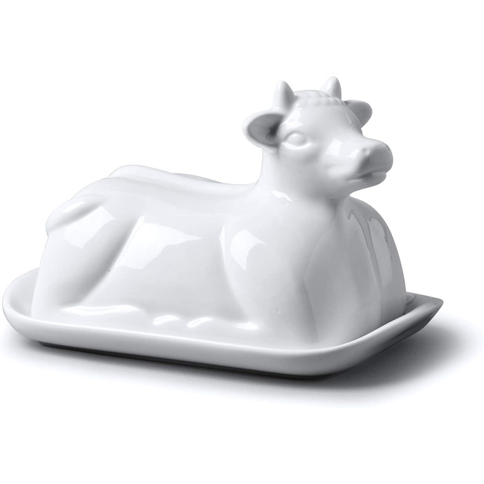 WM Bartleet & Sons 1750 Traditional Porcelain Butter Dish with Lid, Cow Design, 19 cm, White