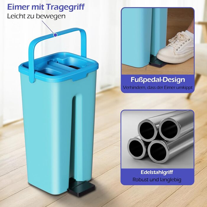 Набір для миття підлоги з відром, вичавлювач для швабри, 2 в 1, швабра-моп з регульованою ручкою з нержавіючої сталі та 6 мікрофібрових насадок, підходить для плитки та ламінату (швабра з відром: блакитний + синій)