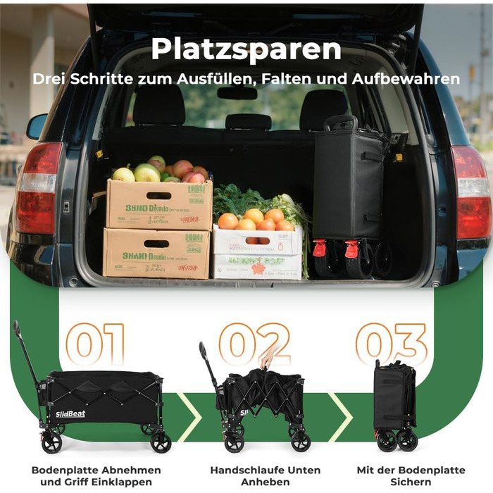 Візок складний SLIDBEAT Bollerwagen 150л, 150кг, чорний XL: для кемпінгу, покупок, саду, пляжу. Гальма, регульована ручка, тримач для напоїв.