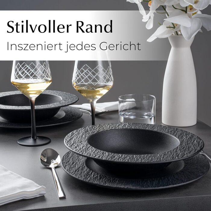 MIAMIO Набір посуду 16 предметів / Сучасний керамічний посуд / Набір для 4 осіб - Колекція Oasis (Чорний) / 16 предметів / Чорний набір посуду з суповими тарілками