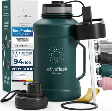 Спортивна пляшка з нержавіючої сталі ACTIVE FLASK 1,3 л, BPA-free, з трубочкою, 3 кришки, герметична, підходить для газованої води, темно-бірюзова, для спорту, фітнесу, аутдору