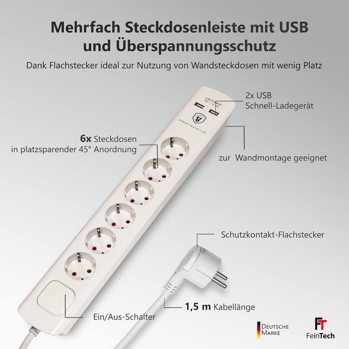 Стрічка розеток FeinTech MD000632 6-fach з USB, захистом від перенапруги, 3680 Вт, біла, 1.5 м