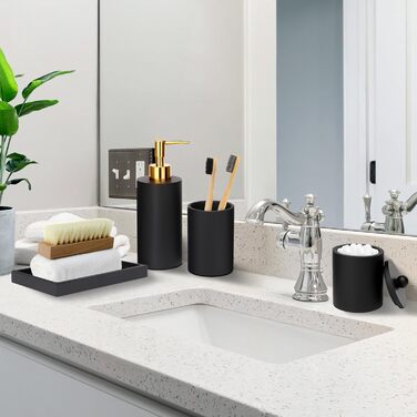 Haturi Bathroom Accessories Set, 4-Piece, Glass Bathroom Accessories Set, Complete with Lotion Soap Dispenser, Toothbrush Holder, Apothecary Jar, Vanity Tray, Bathroom Decor, Gift for (Black)