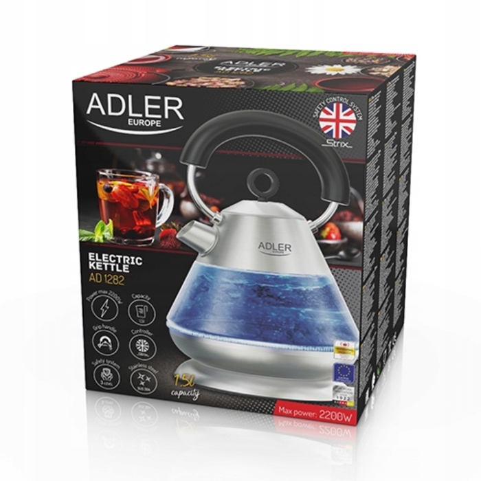 Електричний чайник ADLER AD1282, 2200 Вт, 1,5 л, сріблястий/сірий