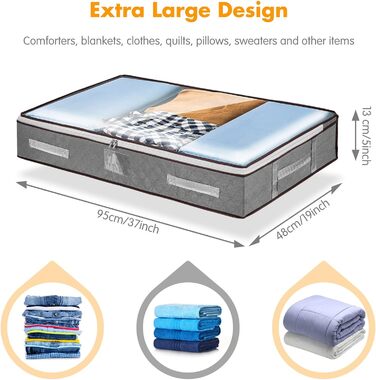 4 шт. Кошики для зберігання під ліжком з кришкою, великі складні коробки для зберігання з блискавкою, органайзери для одягу, постільної білизни та ковдр, посилені ручки (сірий)