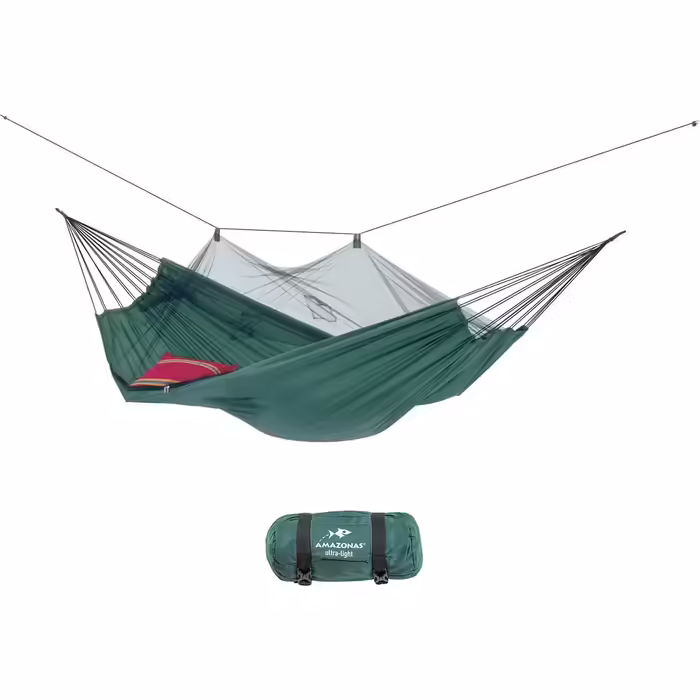 Ультралегка гамак-сітка AMAZONAS Moskito Traveller 220x140 см, до 150 кг, зелений, з підвісним комплектом T-Strap