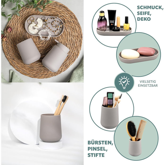 Набір аксесуарів для ванної кімнати Eluno Tesero, 3 шт. (дозатор мила, стакан, миска), тауп