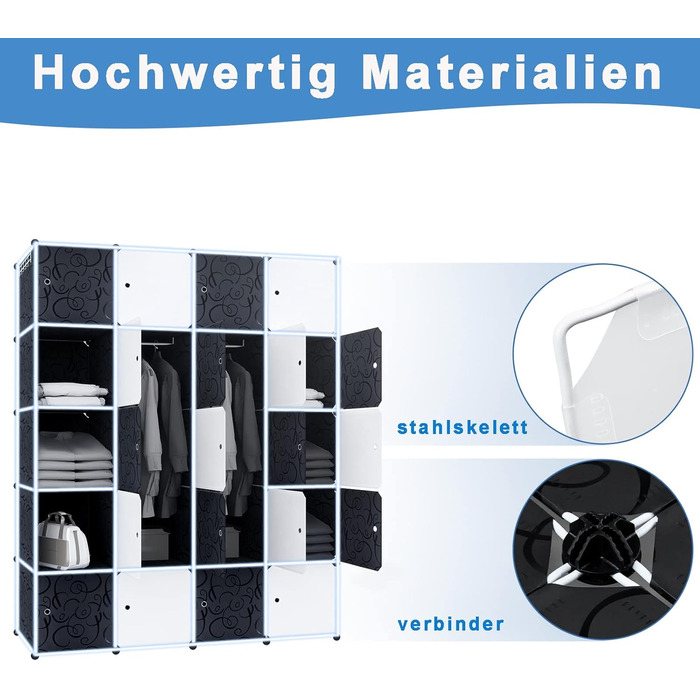 XMTECH DIY Closet System Wardrobe with Door, Shelf Closet, Coat Rack, Shoe Rack made of Plastic (10 Box Closet) (20 Hook Closet)