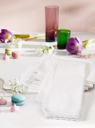 Household Linen Napkins, 20 x 20 inches, Linen, Cotton, Washable and Reusable, Lace Table Napkins for Hotel, Spring, Easter, Weddings and Parties, Very Absorbent, White, 12