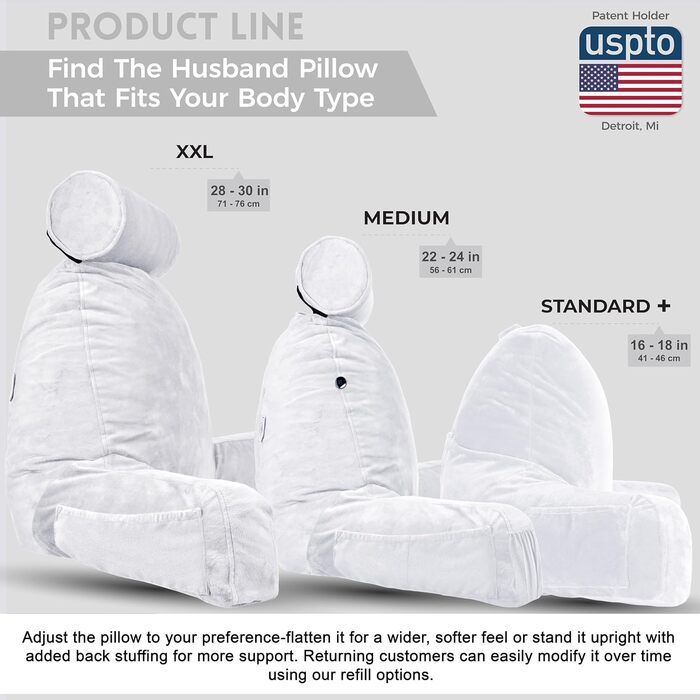 Подушка для чоловіка з підлокітниками - велика, для читання та відпочинку в ліжку. Висока спинка, преміум піна з пам'яті, знімна подушка для шиї на банджі. Білий колір | Оригінальна версія