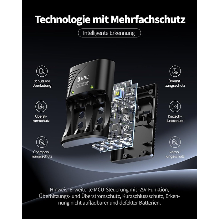 Зарядний пристрій для акумуляторів EBL AA AAA 9V NIMH з 4-ма відсіками, смарт-зарядка, LED-дисплей, швидка зарядка (з набором акумуляторів)