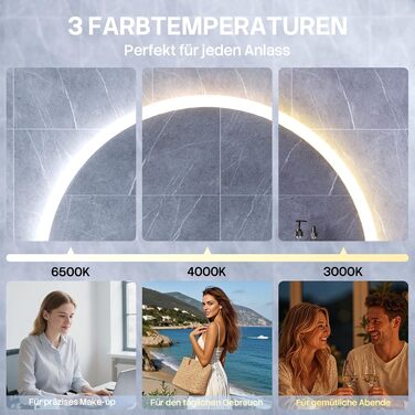 Дзеркало для ванної кімнати HySail з підсвічуванням, 5 мм, високоякісний срібний дзеркало, 3 колірні температури та регульована яскравість, настінне дзеркало з сенсорним вимикачем та антизапарюючим покриттям, кругле (80x80 см)