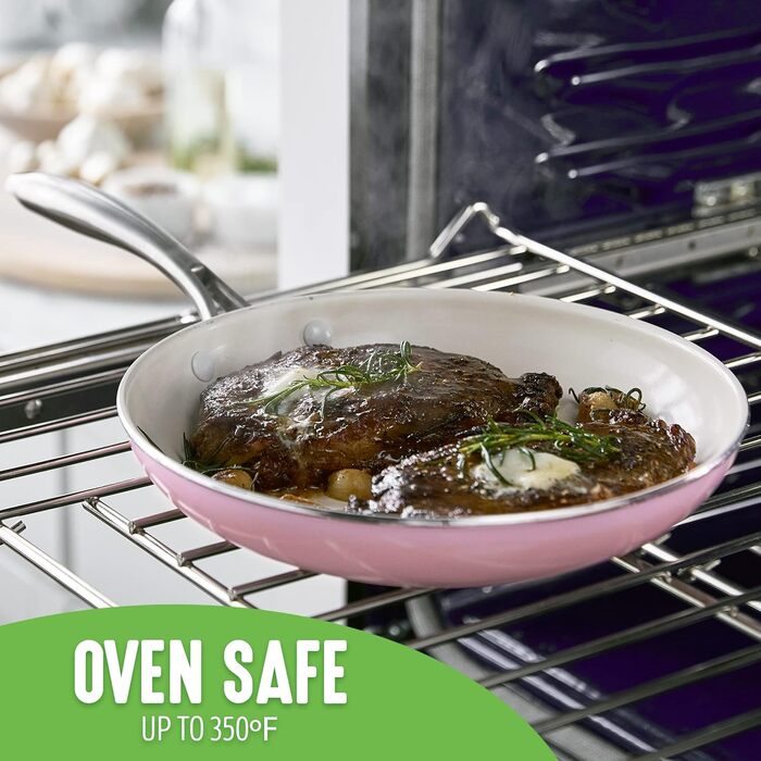 Набір сковорідок GreenLife Artisan, керамічне покриття, антипригарні, 20.3 см та 25.4 см, з нержавіючої сталі, без PFAS, придатні для миття в посудомийній машині, жаростійкі, рожеві