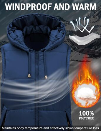 Жіноча довга стьобана жилетка Vancavoo з капюшоном, тепла зимова жилетка, довга жилетка (Морська синя, S)