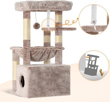 Котячий будиночок Heybly HCT008SW: міцний котячий будиночок з великим м'яким лежаком, місцем для сну та сизалевими стовпчиками для дряпання (коричнево-бежевий)