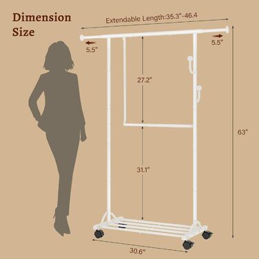 Кледірний стійка FAVOOSTY на колесах, мобільний, металевий, чорно-білий, регульований, 89.50×39.00×161.20 см