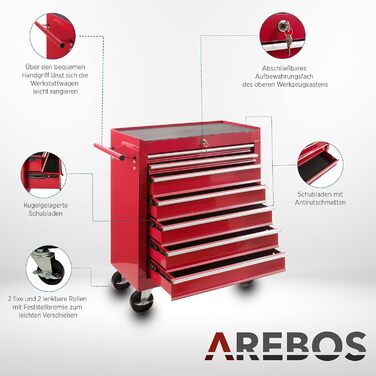 Arebos 7-Drawer Tool Cart | Central Locking Tool Wagon with 2 Keys & Anti-Slip Mats | Ball Bearing Drawers | 2 Wheels with Brake | (Red)