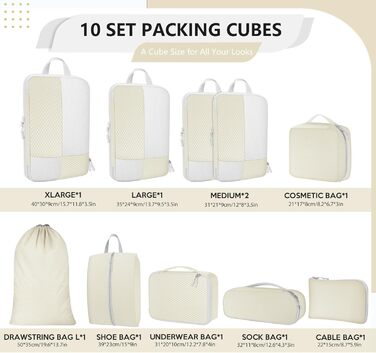 Органайзер для валізи Avmvnvc, набір з 10 штук: пакувальні куби для одягу, компресійні мішечки, органайзер для подорожей з косметичкою, для рюкзака та валізи, чорний (бежевий)