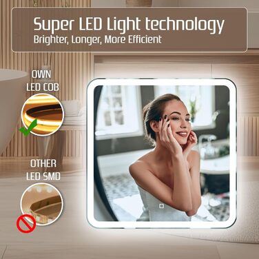 Дзеркало для ванної кімнати Venti 60x60 см з підсвічуванням та сенсорним вимикачем, LED дзеркало для ванної, квадратне дзеркало на стіну