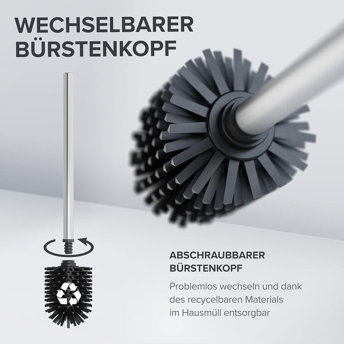 Торцева щітка для унітазу з нержавіючої сталі | Силіконова щітка для унітазу | З вентиляцією | Без кріплення до стіни | Змінний насадок | Знімний піддон | Щітка для унітазу без встановлення на стіну (Срібна)