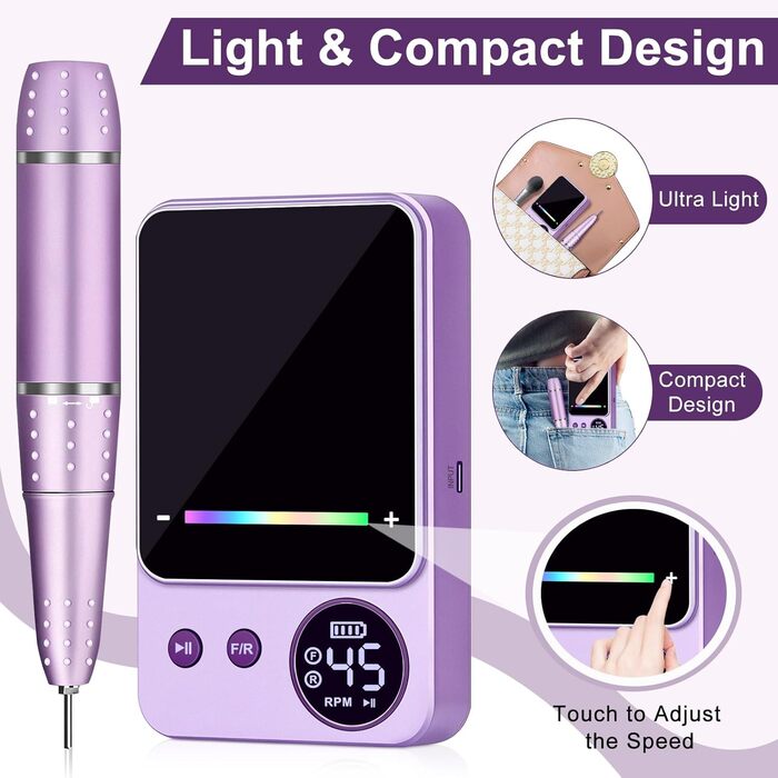 Електричний фрезер для нігтів, 45000 об/хв, професійний манікюрний апарат з LED-дисплеєм, бездротовий набір для манікюру та педикюру