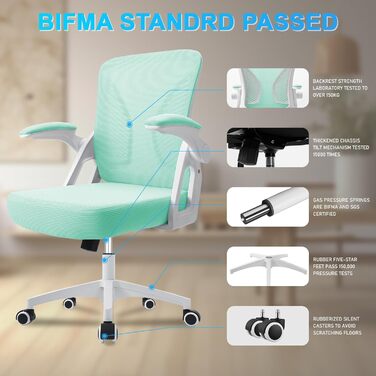 Офісний стілець з регульованими підлокітниками, ергономічний, з сітчастою спинкою, підтримкою попереку, регульованою висотою, м'яким сидінням, поворотний на 360°, (зелений)