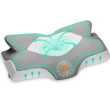 Ортопедична подушка Elviros для шиї з Memory Foam, 54x11/9x33 см, срібно-сіра. Підтримка шиї та плечей, знімний чохол, ергономічна форма.