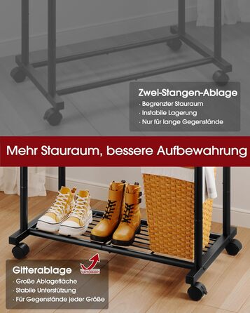 Підвісна штанга для одягу на колесах з сітчастою полицею та гачками, 73 x 42 x 150 см, чорний колір