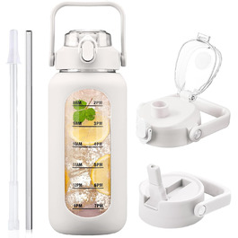 2L Glass Water Bottle with 2 Lids Flip and Tumble Lid 2 Liter Large Water Jug with Time Marker and Silicone Sleeve BPA-Free Leak-Proof for Sports Gym, (White)