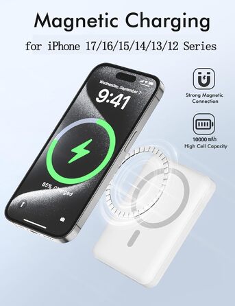 Магнітний бездротовий Power Bank 10000mAh 20W з швидкою зарядкою для iPhone 17 16 15 14 13 12 Pro Max, iPad, Samsung Galaxy