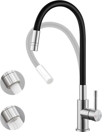 Чорний кухонний змішувач з гнучким виливом, 360° обертання, 2 режими струменя, нержавіюча сталь
