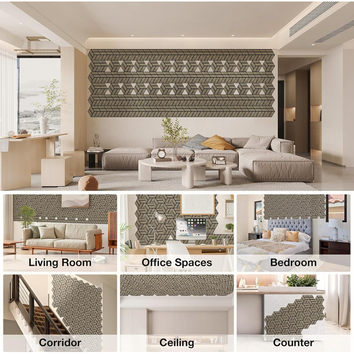 Акустичні настінні панелі JAMELO з шпоном горіха, самоклейні 3D гексагональні панелі для стін та стелі, 30x15x1.2 см, 10 шт, колір горіх